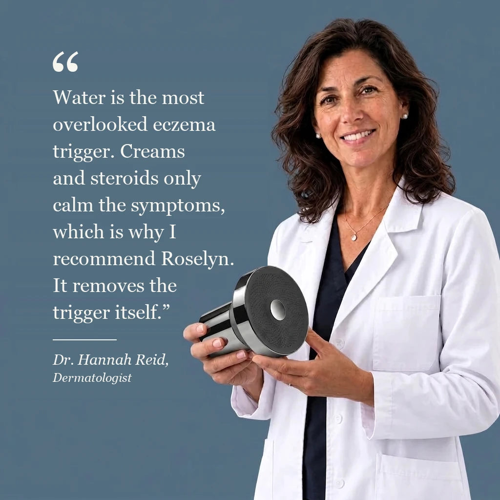Dr. Hannah Reid, dermatologist, holding the Roselyn shower filter