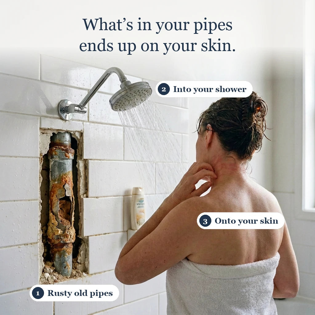 Rusty old pipes feed the shower, and the water ends up on your skin